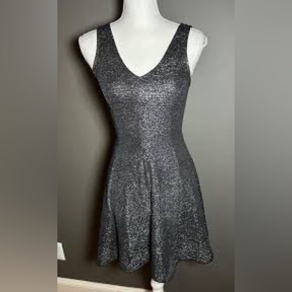 Everly Sparkle V-neck Black Metallic Silver Skater Dress